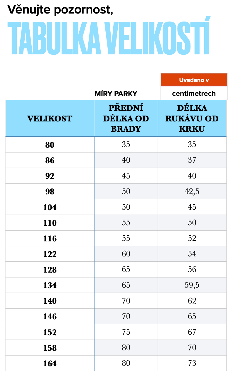 tabulka velikostí - PARKA DĚTI PNG